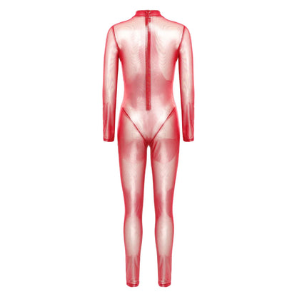 Women Metallic Shiny Full Body Unitards Sheer Rave Party Nightclub Jumpsuit Long Sleeve Long Pants Back Zipper Catsuit Clubwear
