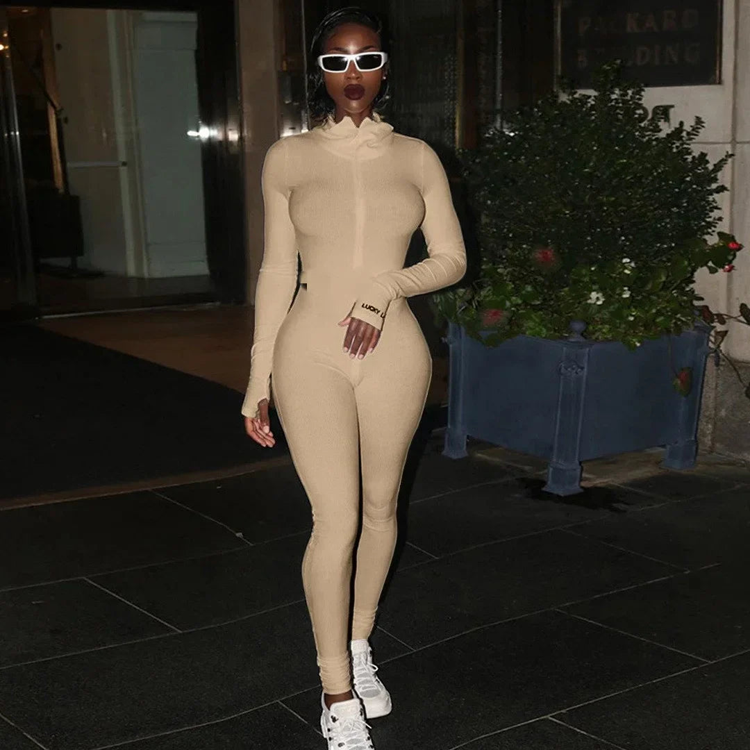 Zipper Jumpsuit Women Embroidery Letter Print Workout Sportswear Female Outfit Skinny Solid Turtleneck Streetwear