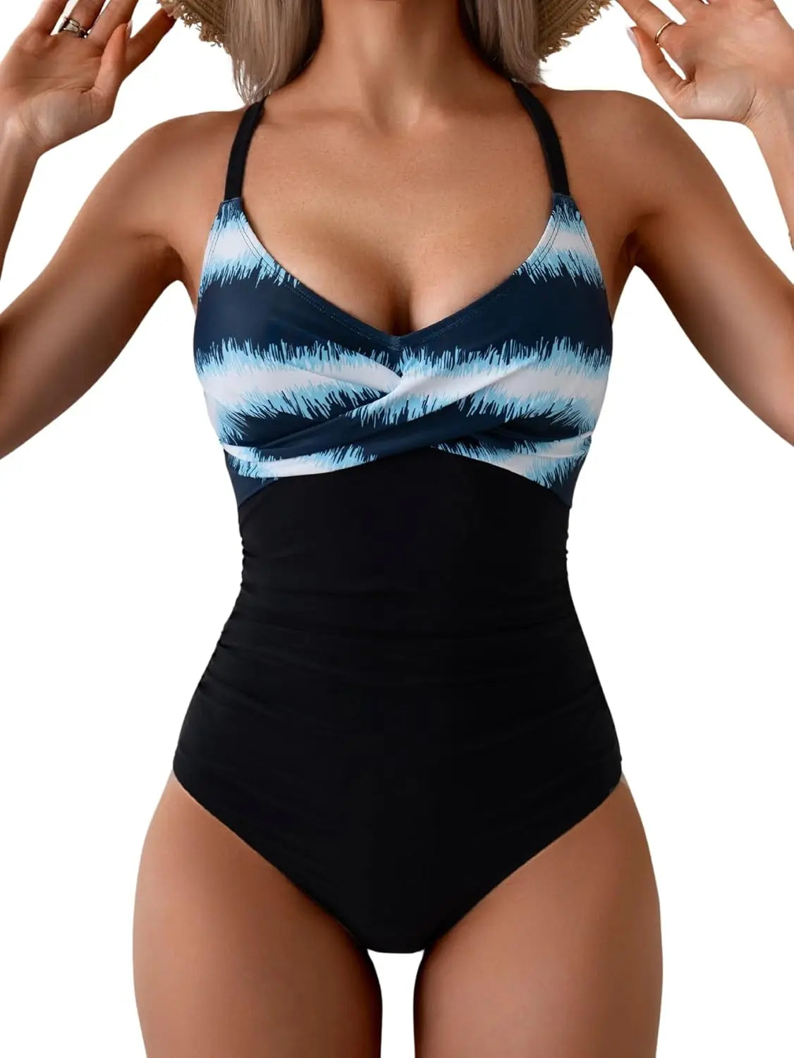 B2prity Women's One Piece Swimsuits Tummy Control Front Cross Bathing Suits Tie Back Slimming V Neck Swimwear