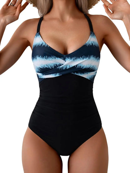B2prity Women's One Piece Swimsuits Tummy Control Front Cross Bathing Suits Tie Back Slimming V Neck Swimwear