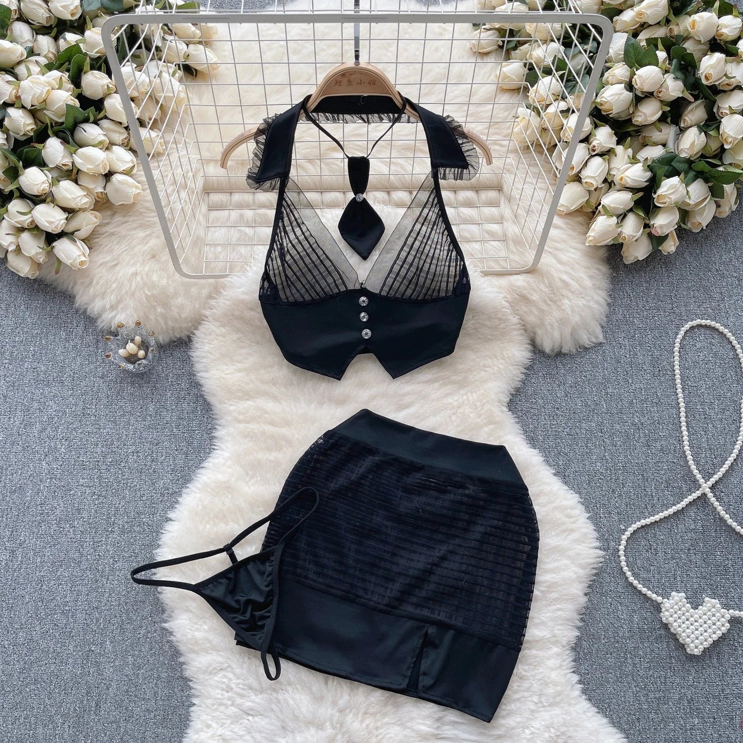 Sexy Lace Gauze Patchwork Strap Bodysuit Hollow Sleeveless Slim backless Women Erotic Lingerie Hotsweet Bow Night Maid Cosplay