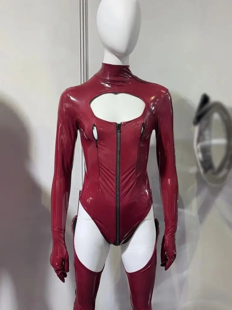 3PCS/SET Wet Look PVC Cosplay Outfit Catusit Shiny PU Leather Zipper Bust Open Crotch Bodysuit Tight Sexy Body Teddies Stockings