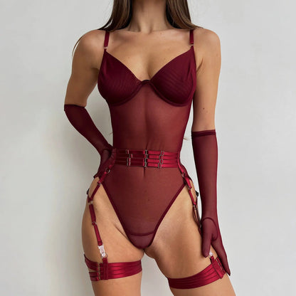 Bodysuit Sexy One-piece With Gloves Garters Mesh Women Rompers Clothing Body Suits Lace Jumpsuit Sweet Korean Women EV5W