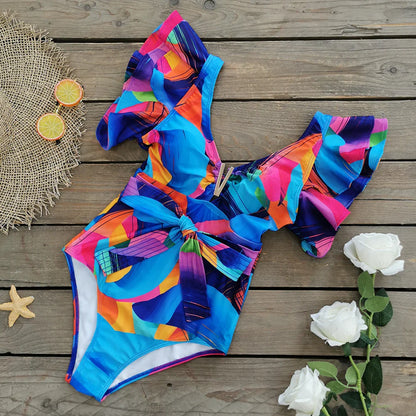 2025 New Sexy V-Neck One Piece Swimsuit Belt Swimwear Women Ruffle Monokini Push Up Swim Suit Colorful Bathing Suit Female Beach