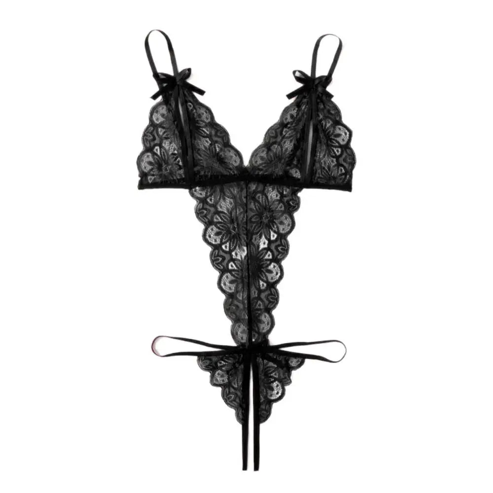 Sweet Deep V Neck Lace Bow Bodysuit Mesh Hollow Transparent Women Lingerie Jumpsuits Sleeveless Lace Sling Nightwear Gifts