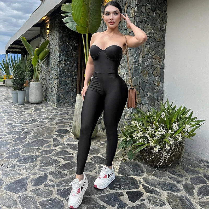 CUTENOVA Autumn And Winter New Women'S Solid Color Strapless Slim Sexy Big Backless Sleeveless Pencil Jumpsuit Elegant Lady