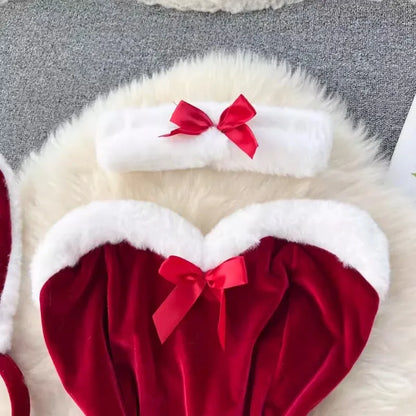 Sweet Red Bunny Lingerie Underwear Set Women Sexy Soft Plush Cute Bowknot Sweet Nightgowns Christmas Rabbit Cosplay Costumes New