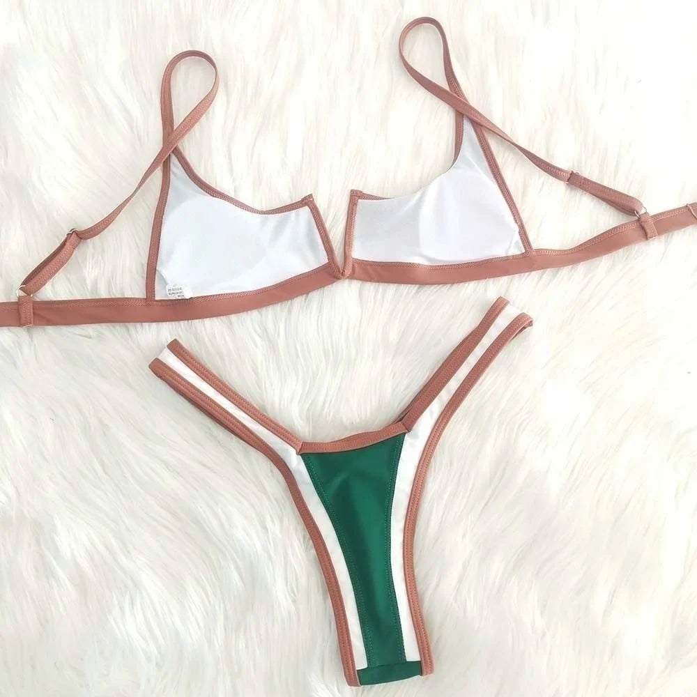 Contrast Vne Open Ba Thong Bikini Women's Patchwork ort Sve Overhead ort Pants Two-Piece Set Polyester Material