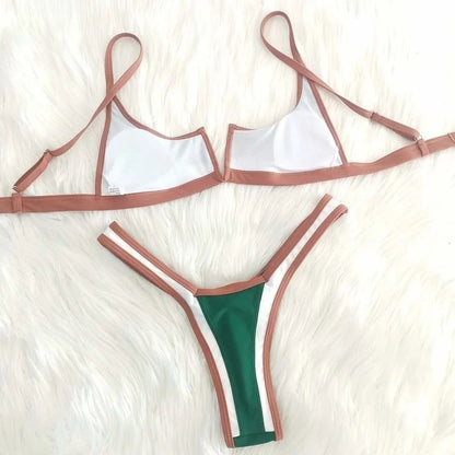 Contrast Vne Open Ba Thong Bikini Women's Patchwork ort Sve Overhead ort Pants Two-Piece Set Polyester Material