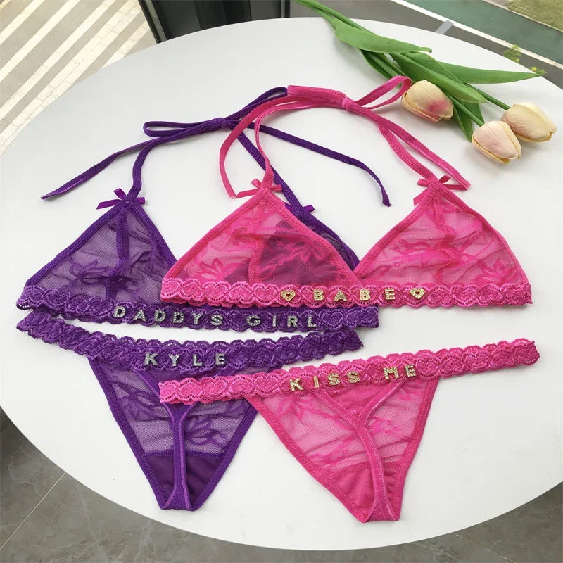 Custom Name Crystal Letter Thong Lace tie Hanging neck Bikini Bra Panties Sexy Personalized Name G-String Underwear Bra Set