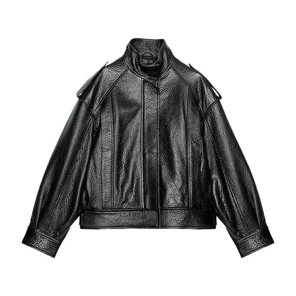 Street Stand Collar Women's Leather Jacket Loose Long Sleeve Zipper Pockets Chic Female Coats 2025 Autumn Winter Lady Outerwear