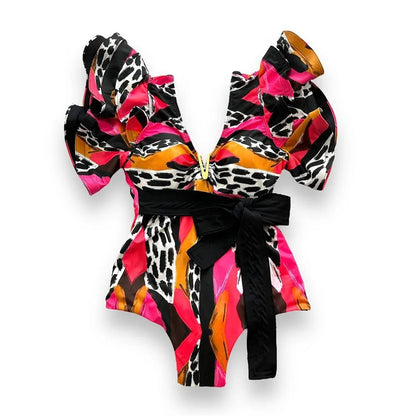 2025 New Sexy V-Neck One Piece Swimsuit Belt Swimwear Women Ruffle Monokini Push Up Swim Suit Colorful Bathing Suit Female Beach