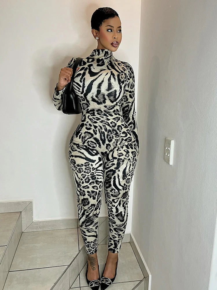 Sisterlinda Fitness Jumpsuit Women Sexy Zip Leopard Print Full Sleeve Streetwear Activity Workout Casual Tight Stretch Overalls