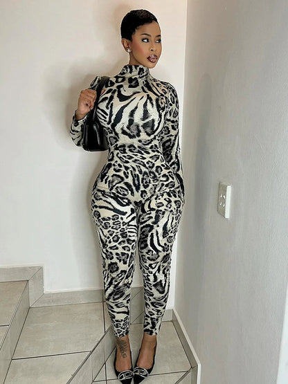 Sisterlinda Fitness Jumpsuit Women Sexy Zip Leopard Print Full Sleeve Streetwear Activity Workout Casual Tight Stretch Overalls