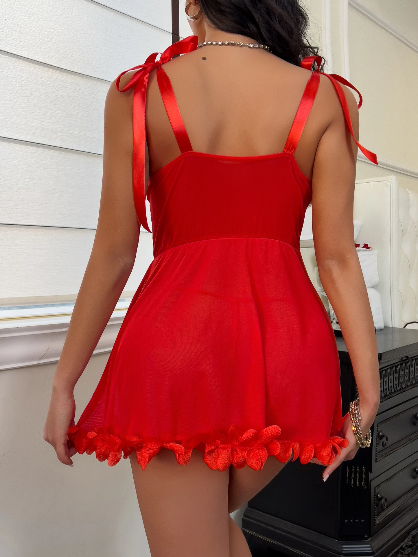 Romantic Red Babydoll Lingerie Chemise with Floral Lace Trim Adjustable Bow Straps Sweetheart Neckline Valentines Gift for Her