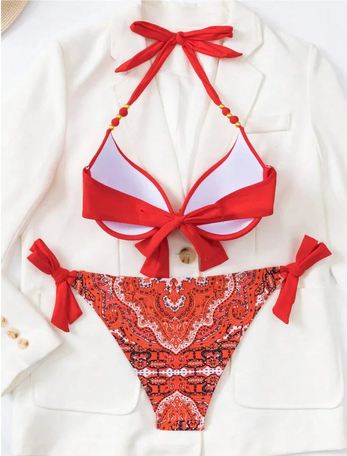 2025 Push Up Halter Bikini Printed Swimsuit Women Sexy Strappy Swimwear Female Bathers Bathing Swimming Swim Suit Beachwear