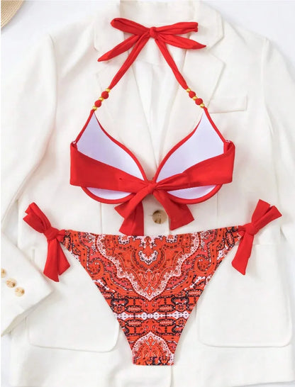 2025 Push Up Halter Bikini Printed Swimsuit Women Sexy Strappy Swimwear Female Bathers Bathing Swimming Swim Suit Beachwear