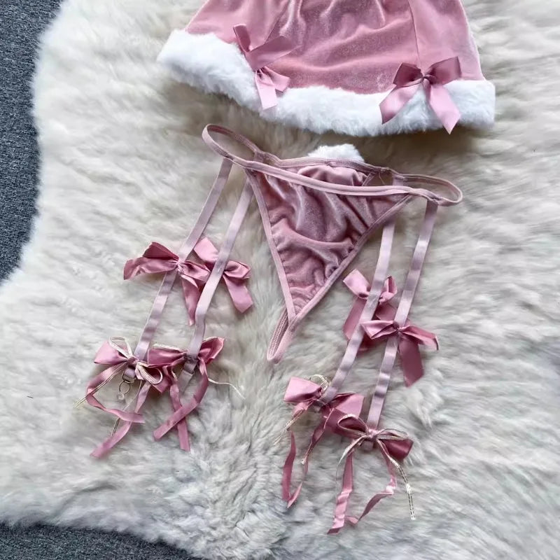 Sweet Red Bunny Lingerie Underwear Set Women Sexy Soft Plush Cute Bowknot Sweet Nightgowns Christmas Rabbit Cosplay Costumes New