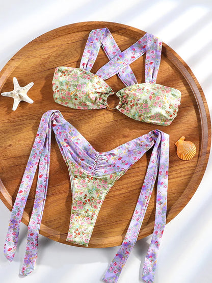 ZRTAK Triangle Bikini Set Sexy Swimwear Women 2025 Bikinis Floral Print Swimsuit Micro Thong Bandage Bathing Suits