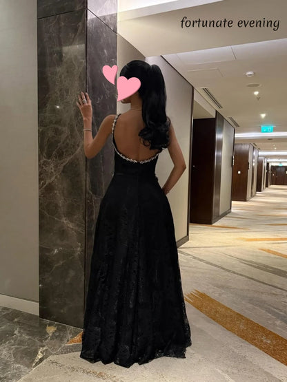 Fortunate Evening Elegant Vintage Sexy Black Lace Crystal Backless Customized Formal Occasion Prom Dress Evening Party Gowns