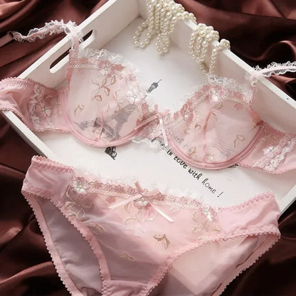 MOYISU New Arrival Luxury Pure Desire Lace Tulle Sexy Panties Lingerie Set Lilacs Embroidery Girl Boobs Big Size Big Boobs Small
