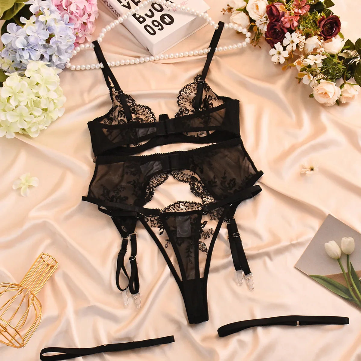 SINGREINY Female Sheer Gauze Lingerie Set Sexy Transparent Embroidery Bra&Brief Sets Ladies Hollow Out Erotic Underwear Suits
