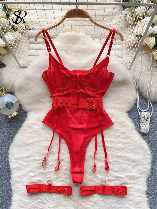 SINGREINY Women Underwear Erotic Playsuits Fashion Strap Backless Sheer Lingerie Nightwear Transpareant Hollow Out Sexy Bodysuit