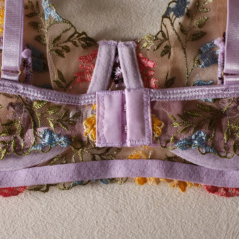 Sexy Women's Lace Lingerie 3Pcs Sets Fancy Flowers Embroidery Transparent Bras And Thongs Underwear Set Erotic Intimate Suits ﻿