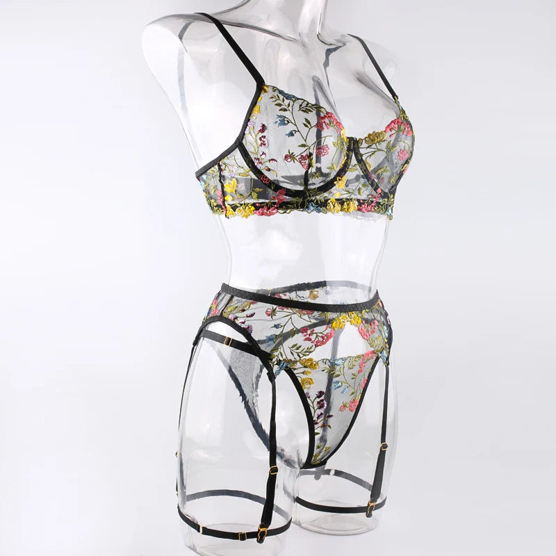 Sexy Women's Lace Lingerie 3Pcs Sets Fancy Flowers Embroidery Transparent Bras And Thongs Underwear Set Erotic Intimate Suits ﻿
