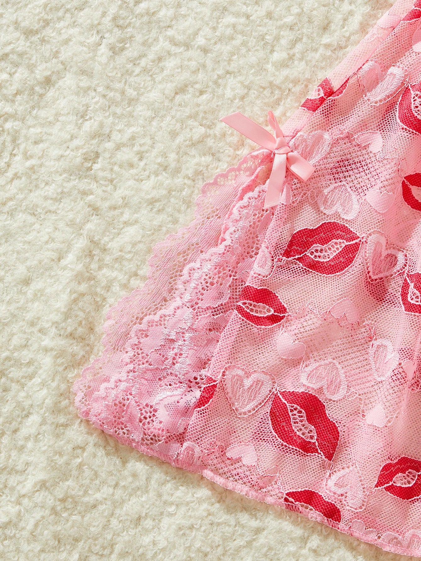 Red-lips Print Seductive Sexy Pink Lace Nightgown Two-piece Sheer Mesh Laces Short Dress Elegant And Sensual Babydolls Lingerie