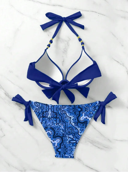 2024 New Print 2-piece Swimsuit for Women,hard Cup Suspender Push Up Bikini Set,summer Beach Vacation Backless Bathing Suit