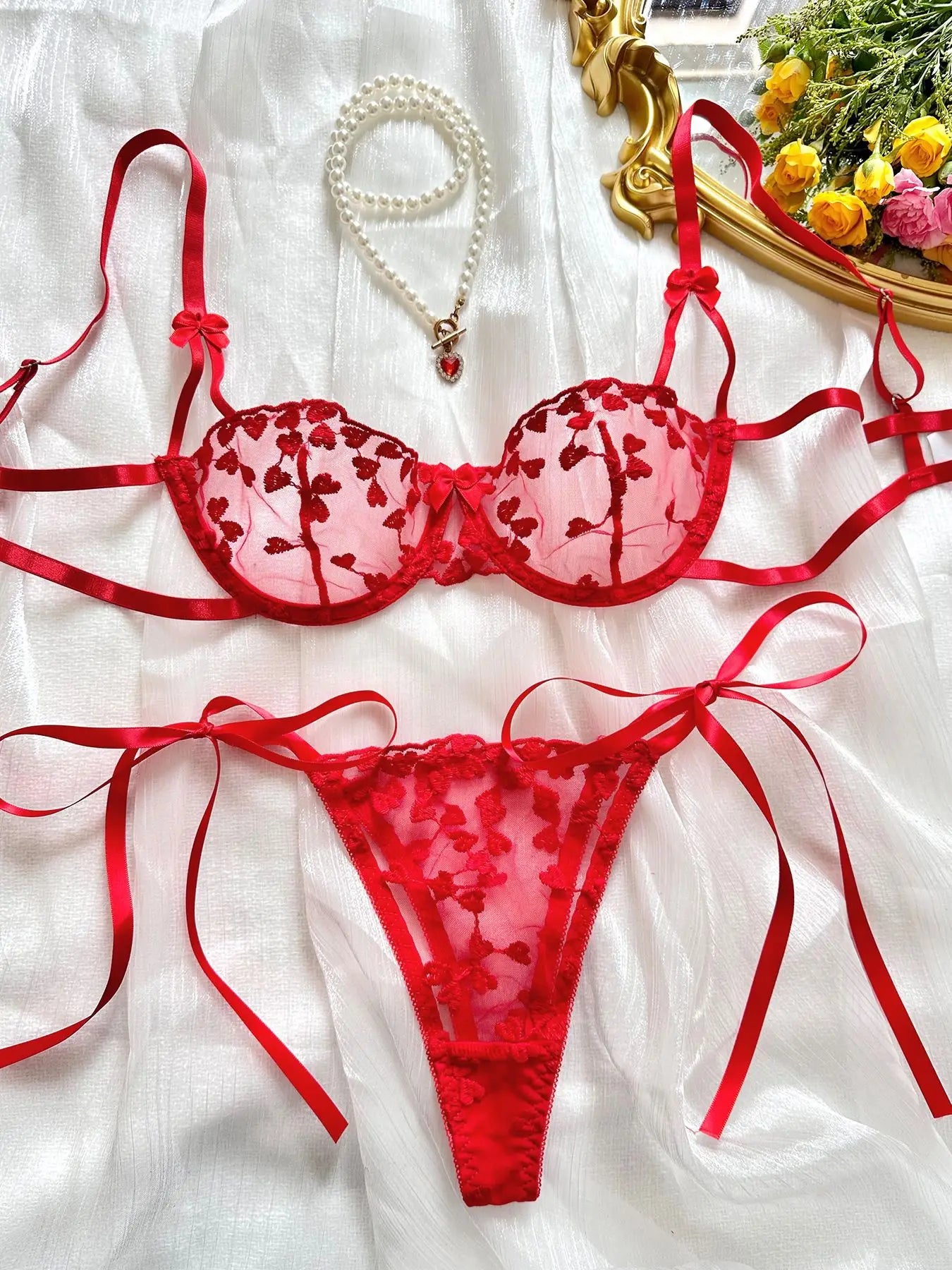 Exotic Fantasy Lingerie Underwire Bra Strap Panties 2Piece Sheer Mesh Embroidery Underwear for Women