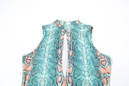 kliou Stunning Snake Print Women Jumpsuits Attractive Halter Stand Collar Hollow Backless Slim Overalls Female Midnight Clubwear