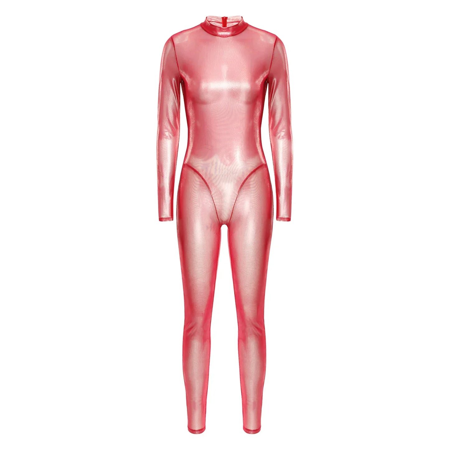 Women Metallic Shiny Full Body Unitards Sheer Rave Party Nightclub Jumpsuit Long Sleeve Long Pants Back Zipper Catsuit Clubwear