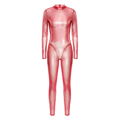 Women Metallic Shiny Full Body Unitards Sheer Rave Party Nightclub Jumpsuit Long Sleeve Long Pants Back Zipper Catsuit Clubwear