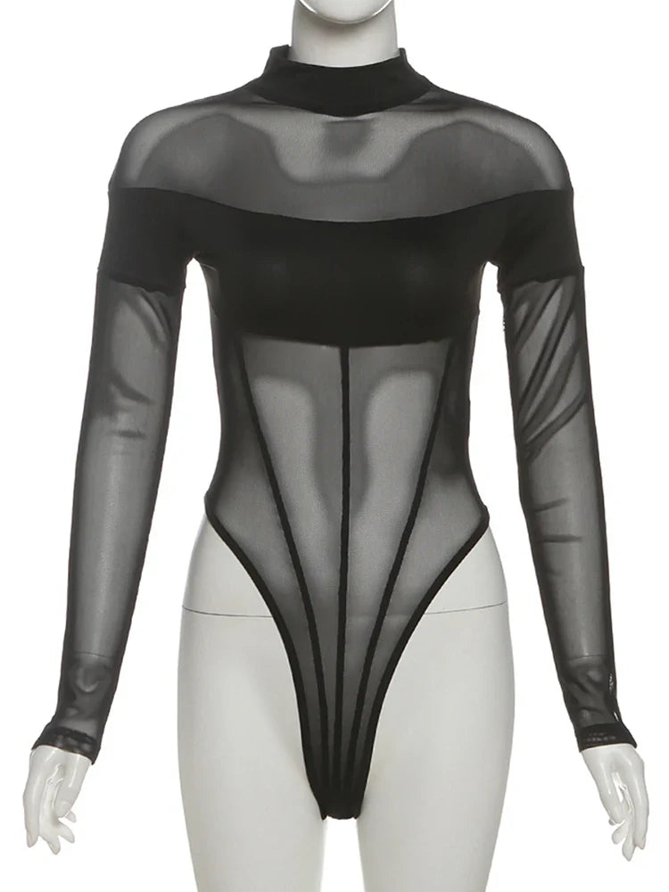 Sisterlinda See Through Sexy Bodysuit Women Coquette Wild Mesh Hipster Patchwork Full Sleeve Midnight Stretch Street Clubwear