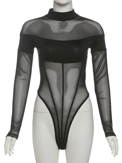 Sisterlinda See Through Sexy Bodysuit Women Coquette Wild Mesh Hipster Patchwork Full Sleeve Midnight Stretch Street Clubwear
