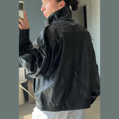Stand Collar Women's Jacket Full Sleeve Double Button Solid Female Leather Jackets 2025 Autumn Fashion High Street Lady Outwears