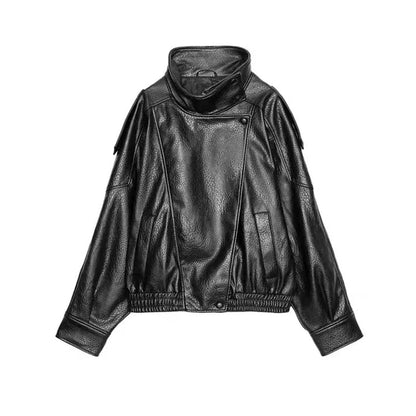 Stand Collar Women's Jacket Full Sleeve Double Button Solid Female Leather Jackets 2025 Autumn Fashion High Street Lady Outwears