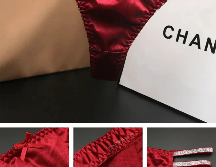 Sexy Silk Satin Thongs Hollow Out Fashion Solid Color Panties Cotton Crotch Low Waist Breathable Pure Color Women's Underwear