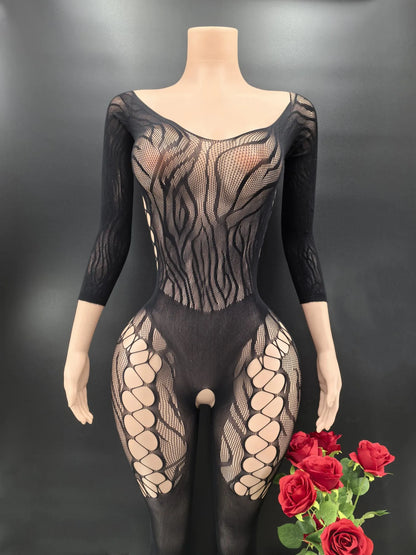 Bodycon Elasticity Transparent Mesh Long sleeves Bodysuit Women's Fashion Pajamas Fishnet Short Night Club Party Mesh Clothes