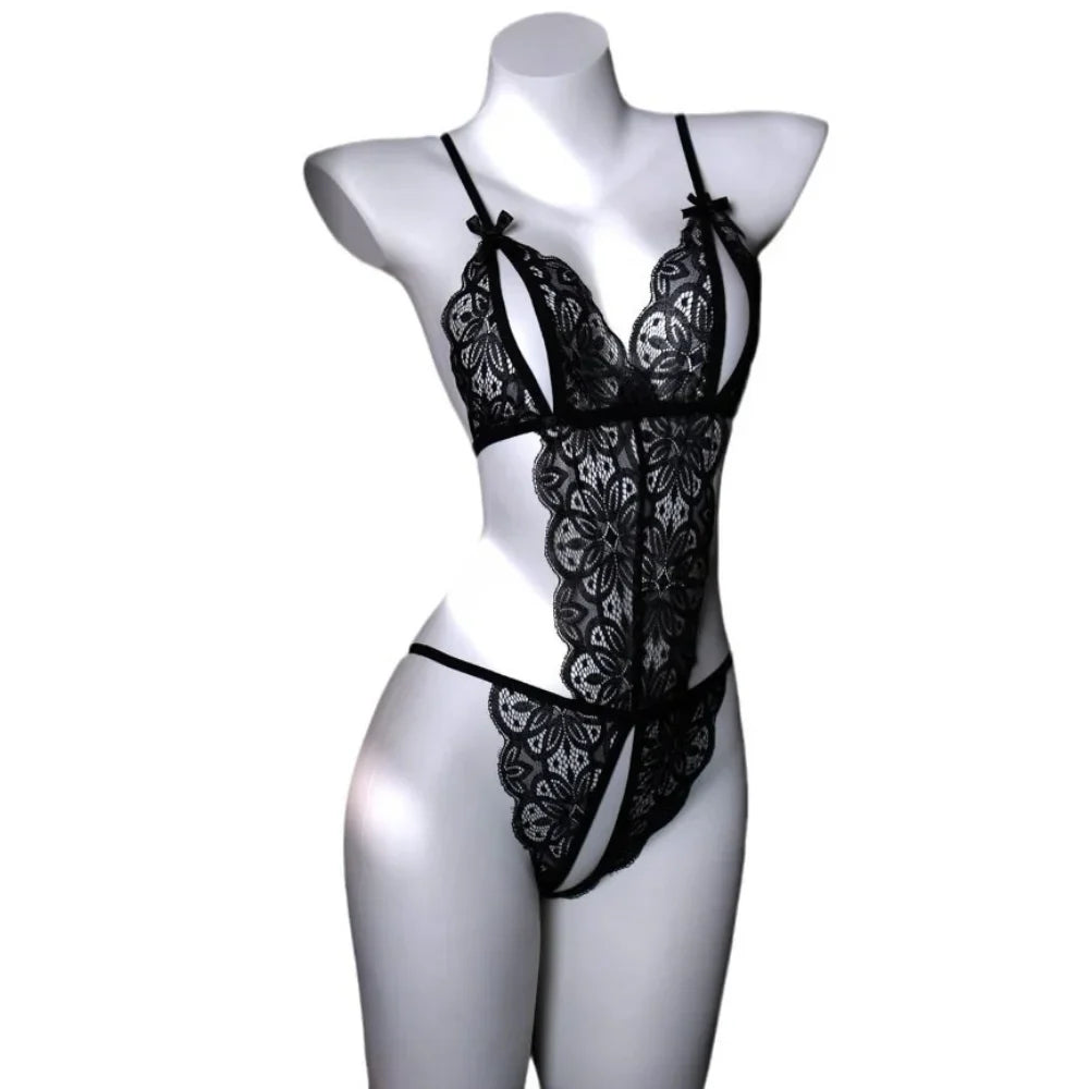 Sweet Deep V Neck Lace Bow Bodysuit Mesh Hollow Transparent Women Lingerie Jumpsuits Sleeveless Lace Sling Nightwear Gifts