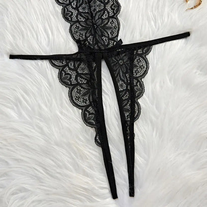 Sweet Deep V Neck Lace Bow Bodysuit Mesh Hollow Transparent Women Lingerie Jumpsuits Sleeveless Lace Sling Nightwear Gifts