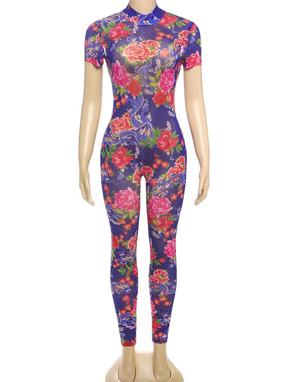 kliou Aesthetic Printed Women Jumpsuits Fashion Sexy Panelled Short Sleeve Backless Stand Collar Slim Overalls Mujer Clubwear