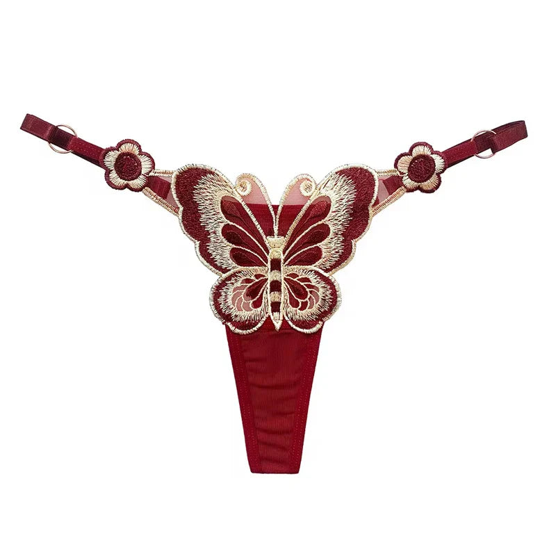 Sexy Lace Thong Women Butterfly Low Waist Panties G strings Transparent Mesh Briefs Adjustable Waist Panties Culotte Femme