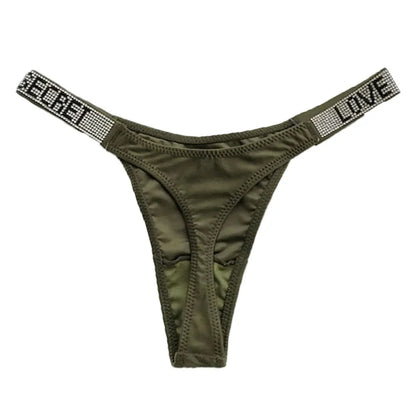 Sexy Triangle Fitness Sports With Letter Low Rise Briefs Sexy T-Back G-string Women Panties Rhinestone Thong