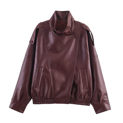 Stand Collar Women's Jacket Full Sleeve Double Button Solid Female Leather Jackets 2025 Autumn Fashion High Street Lady Outwears