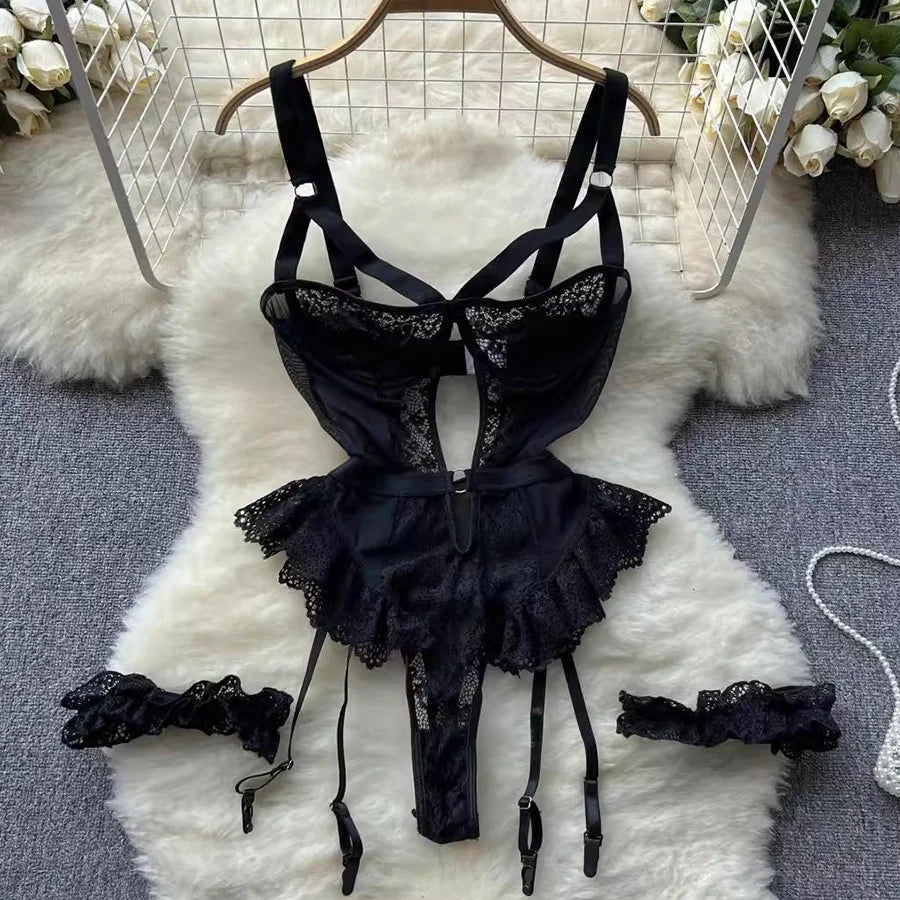Women’s Sexy Lace Lingerie Bodysuit Hot Lenceria Intimates Set Sheer Mesh Underwire Garter Erotic Underwear 2025