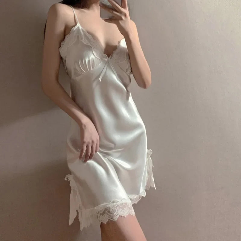 Sexy Lace V-neck Women Suspenders Nightdresses Sleepwear Female Sleeveless Nightwear Sleep Nightdress For Ladies
