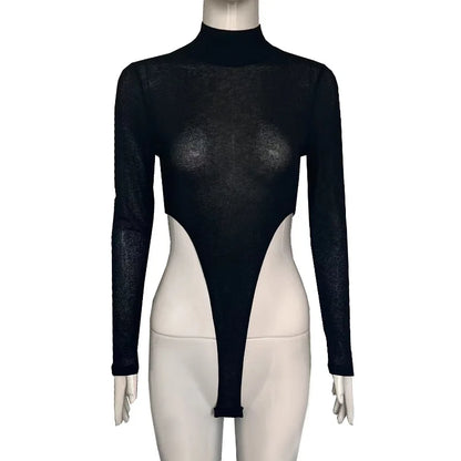 Sexy Black Single Sleeve Mesh See-Through Bodysuit Women Turtleneck Bodies High Leg Cut Out Hot Thong Women's Bodysuits